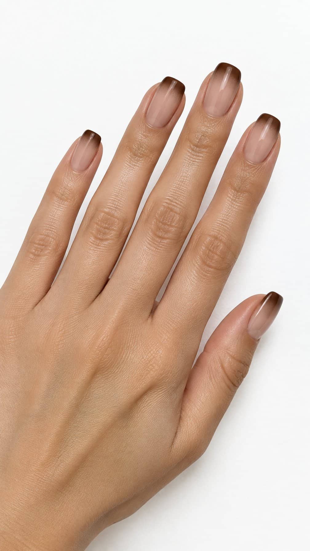 Square nails featuring glossy mocha brown ombre French tips