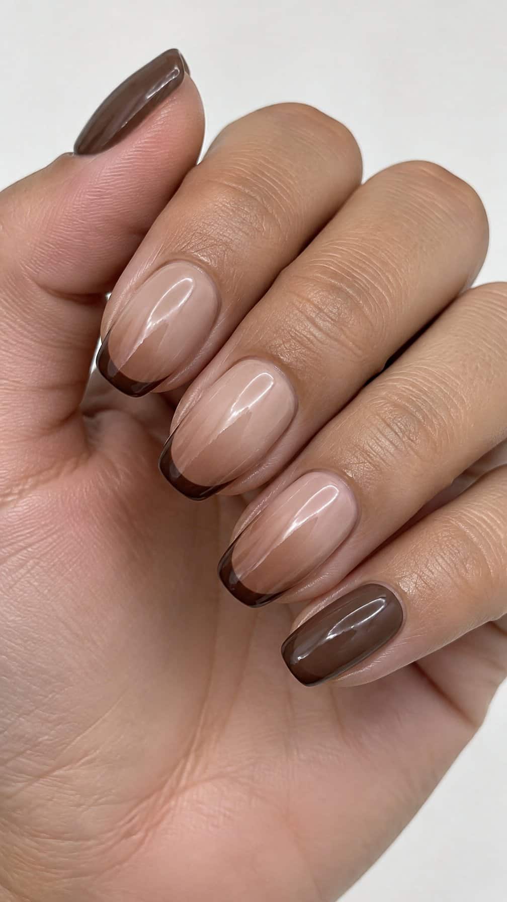Glossy brown ombre nails and chocolate-colored French tips