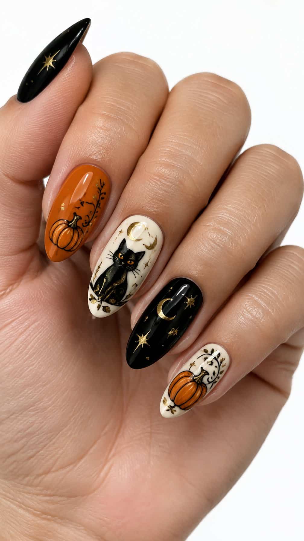 Glossy black, orange, and ivory Halloween manicure featuring cat and pumpkin designs