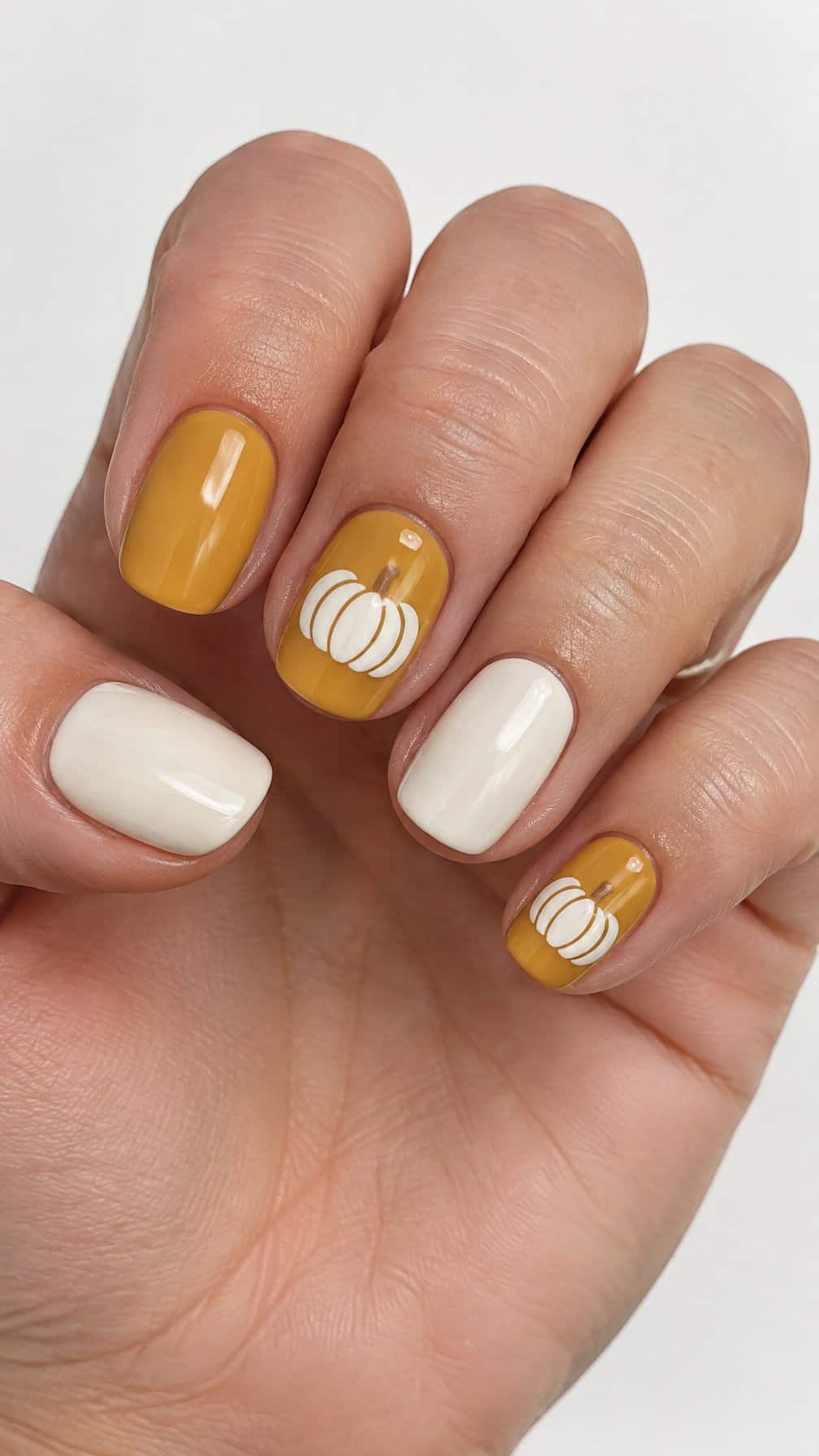 Glossy mustard yellow and cream nails decorated with small white pumpkin designs