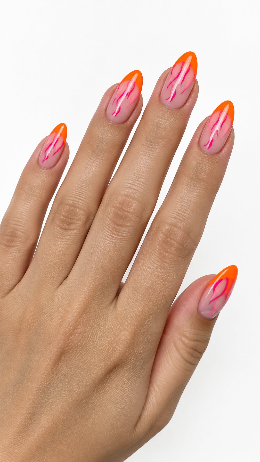 Glossy nude nails featuring neon orange French tips and pink flame designs