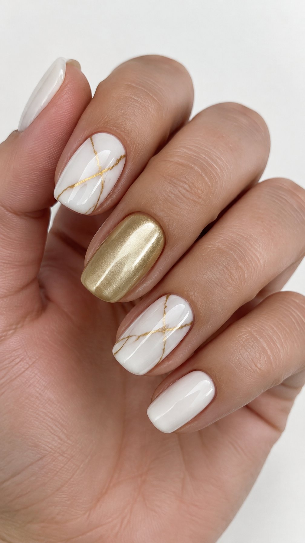 Glossy white and gold marble-patterned nails