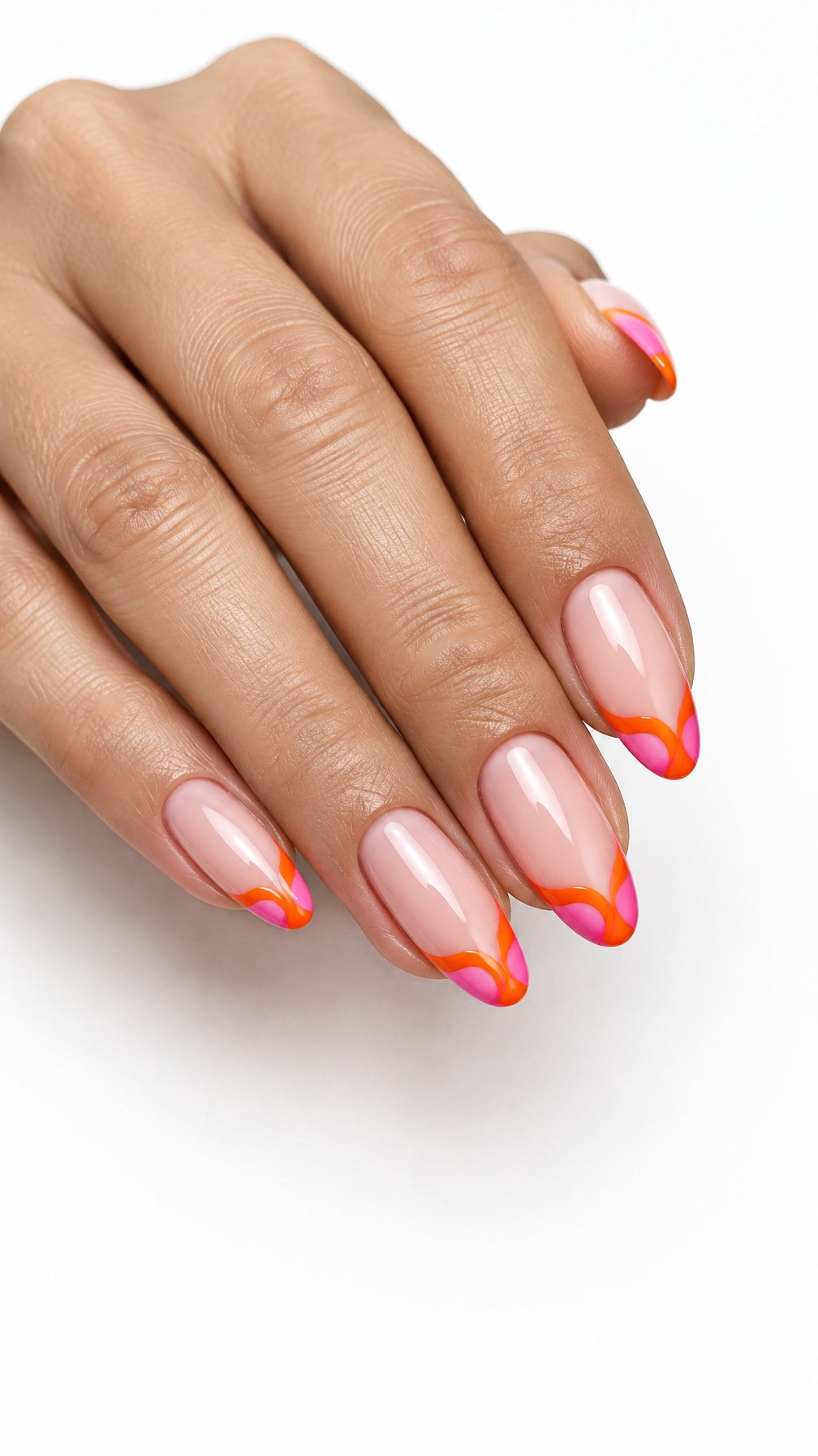 Glossy almond-shaped nails featuring orange and pink swirl French tips