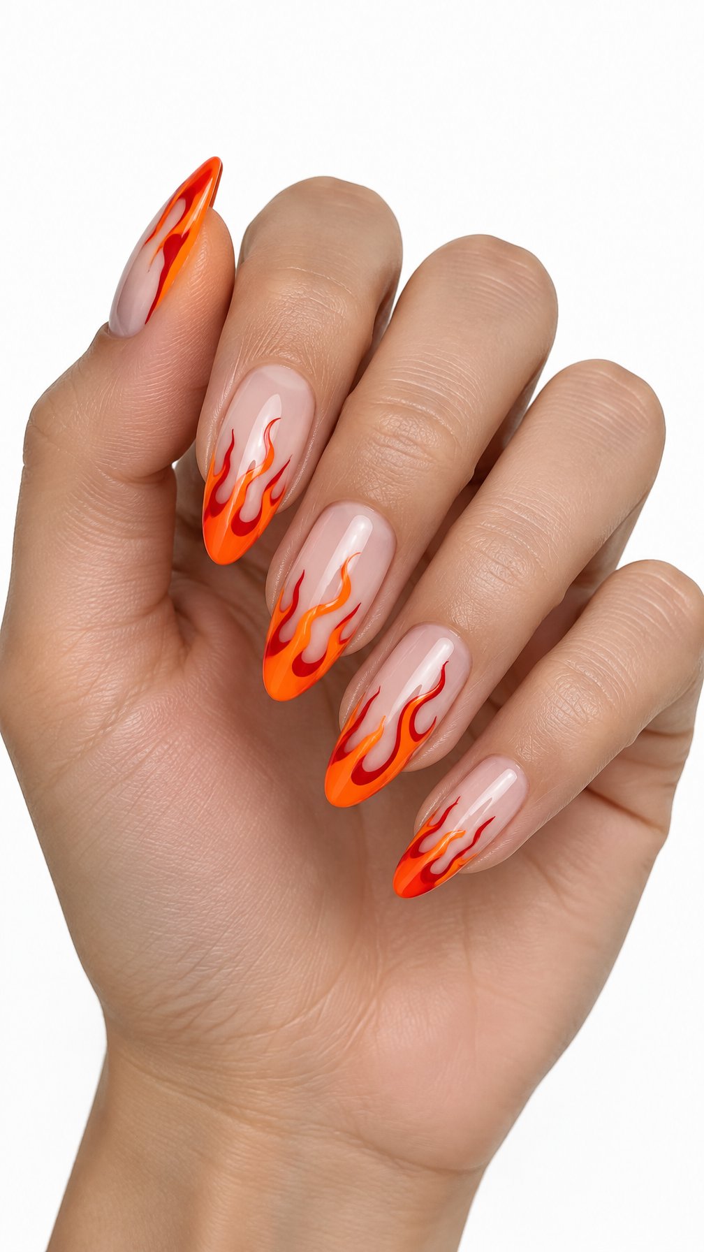 Almond-shaped nails featuring orange and red flame designs