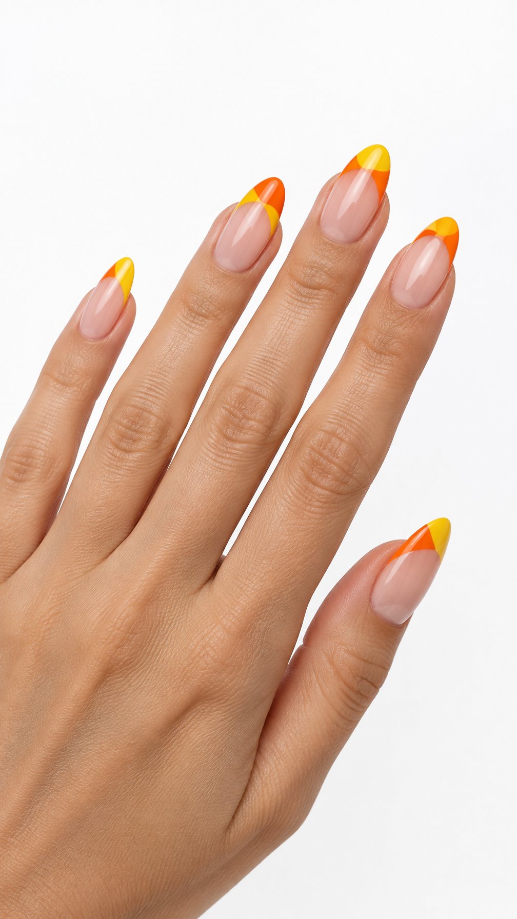 Glossy almond-shaped nails with orange and yellow French tips