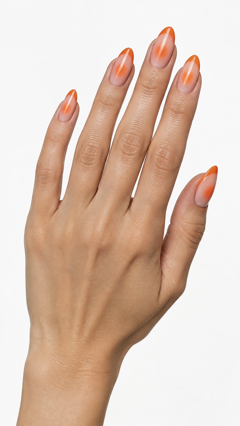 Almond-shaped nails featuring glowing orange French tips