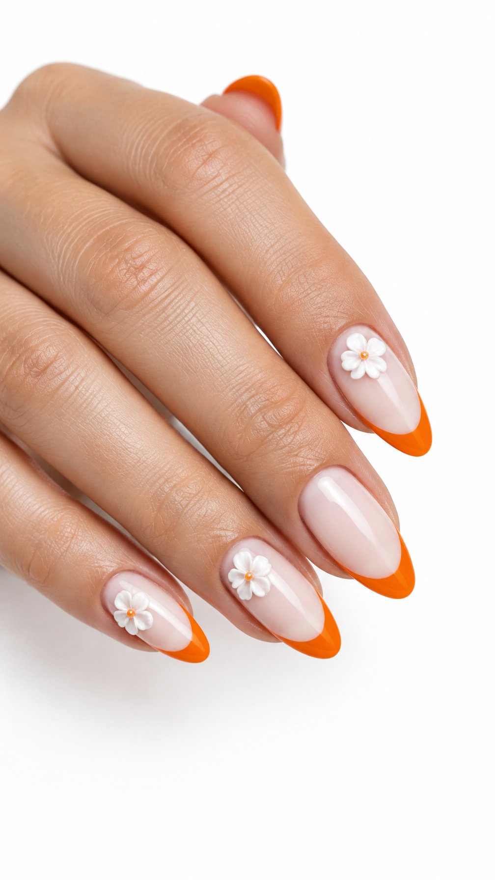Glossy orange French-tip nails decorated with small raised white flowers