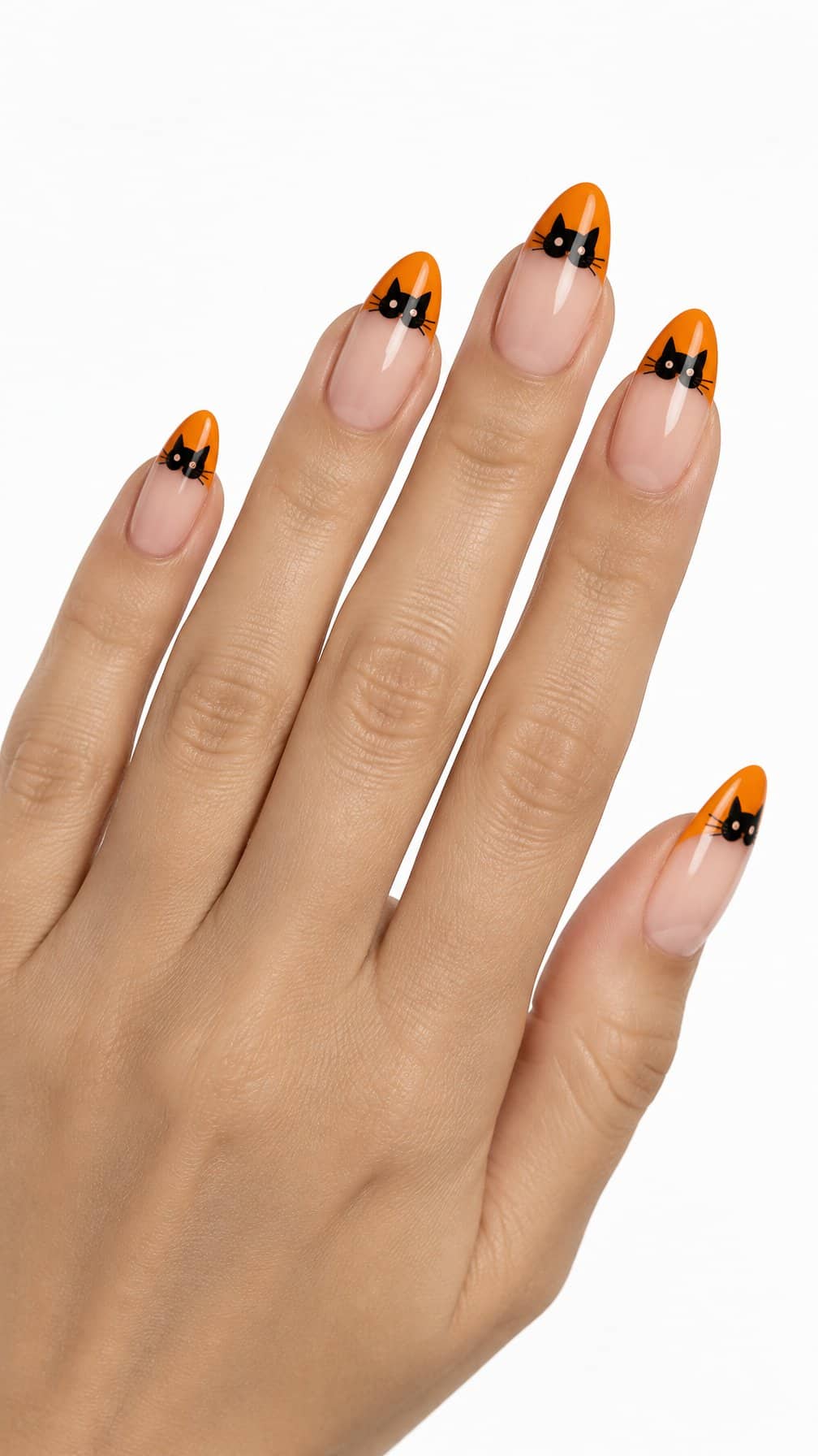 Glossy orange French tip nails decorated with small black cat faces