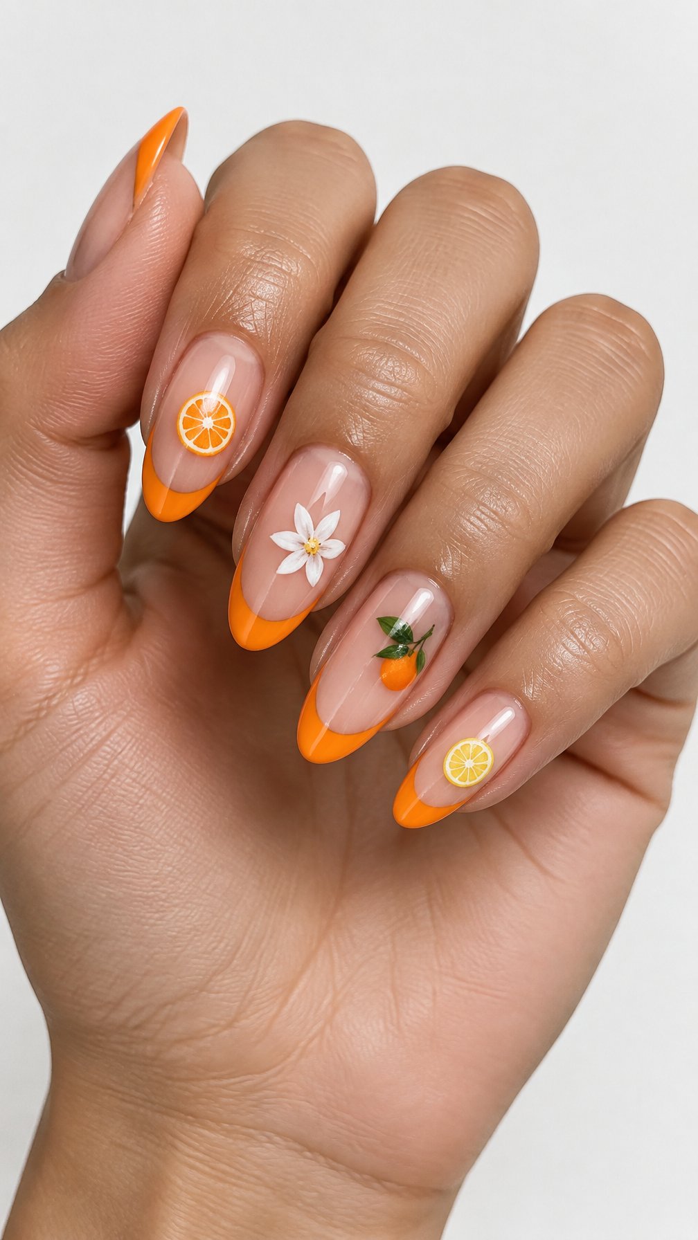 Glossy orange French tip nails with small mismatched citrus designs