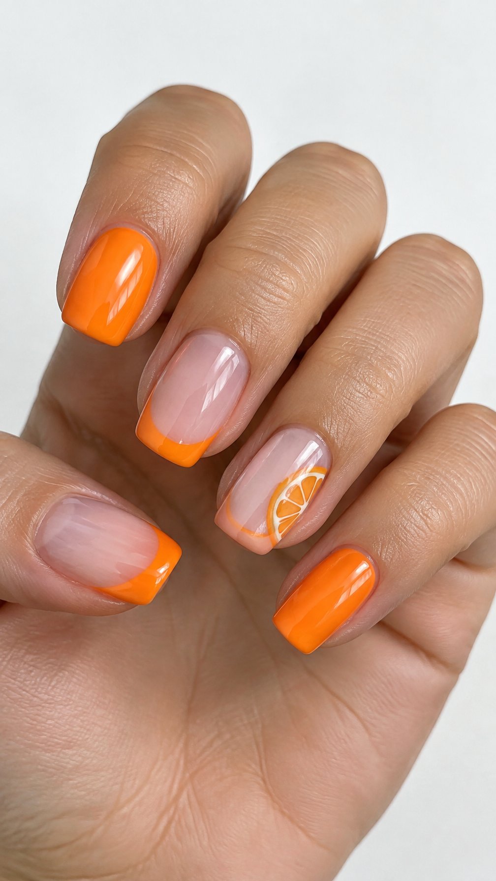 Glossy orange French tip nails and small citrus slice designs