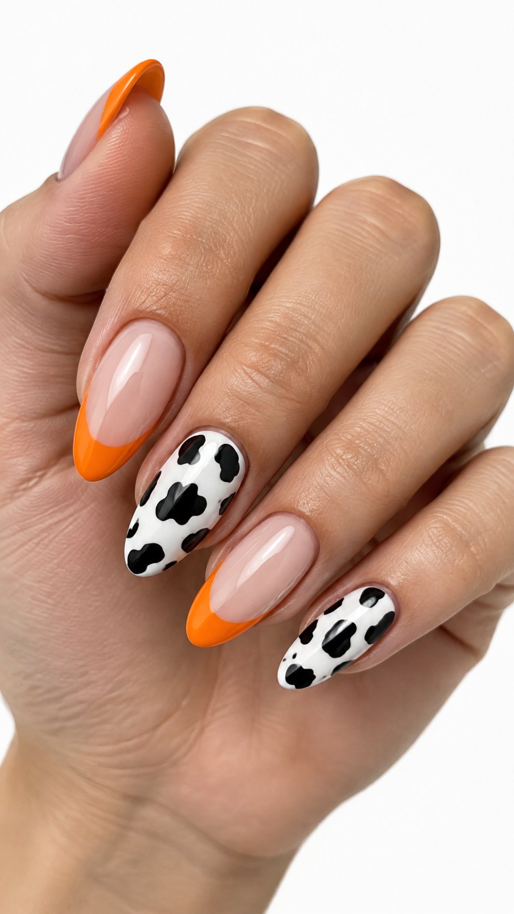 Glossy orange French tip nails with black-and-white cow print accent nails