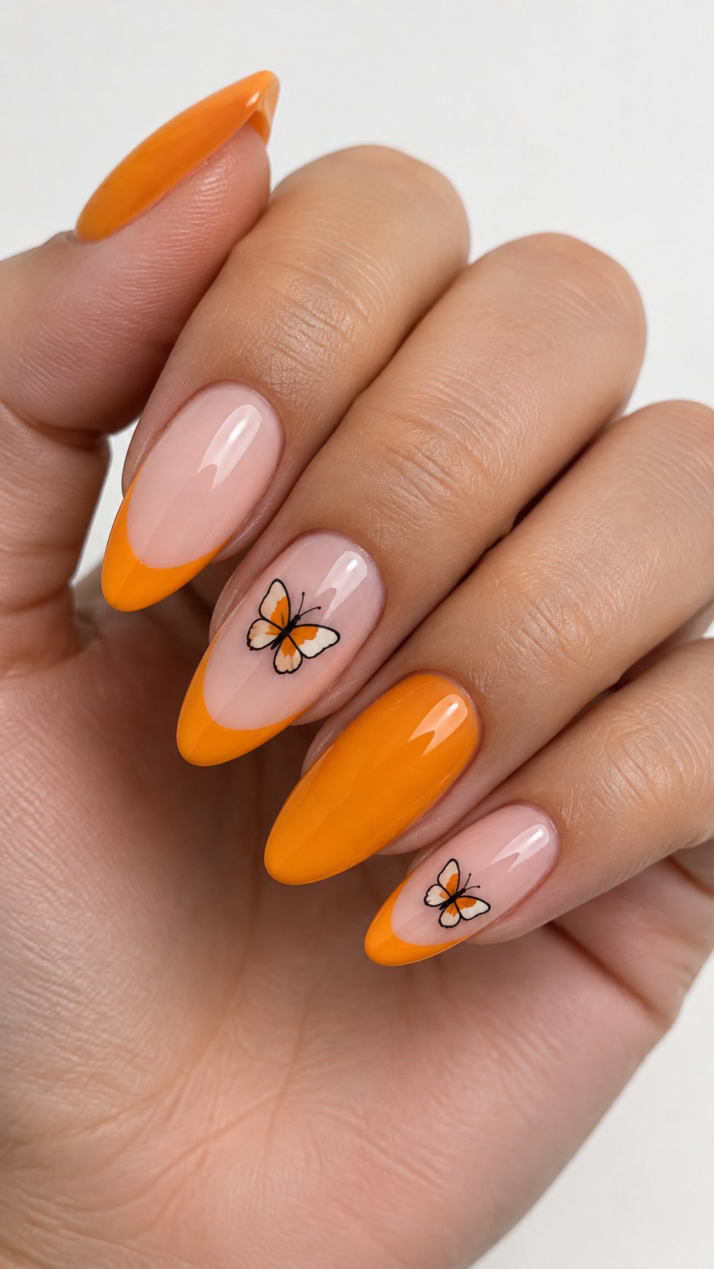 Glossy orange French tip nails and small butterfly designs