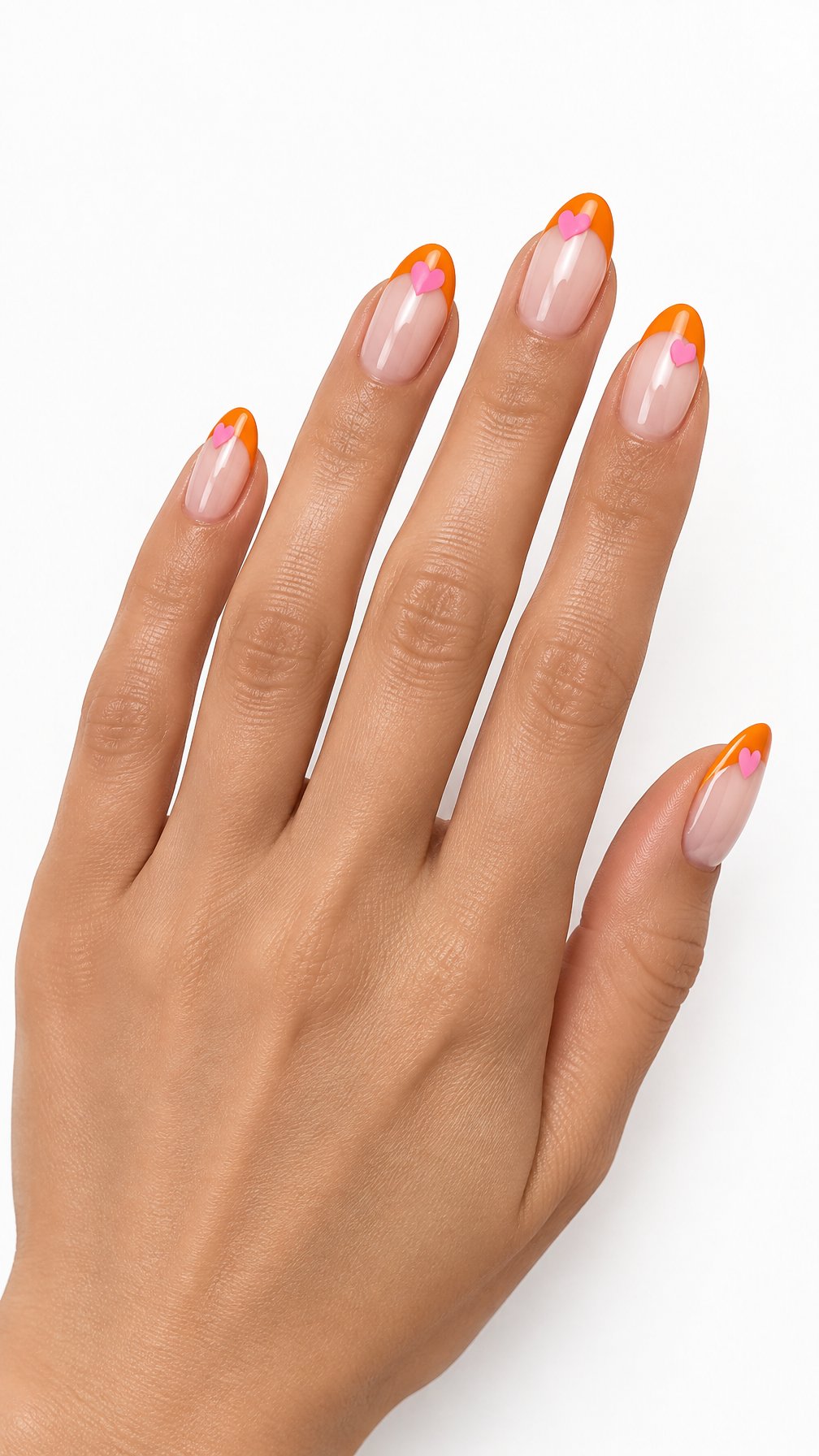 Glossy orange French-tip nails decorated with small pink hearts