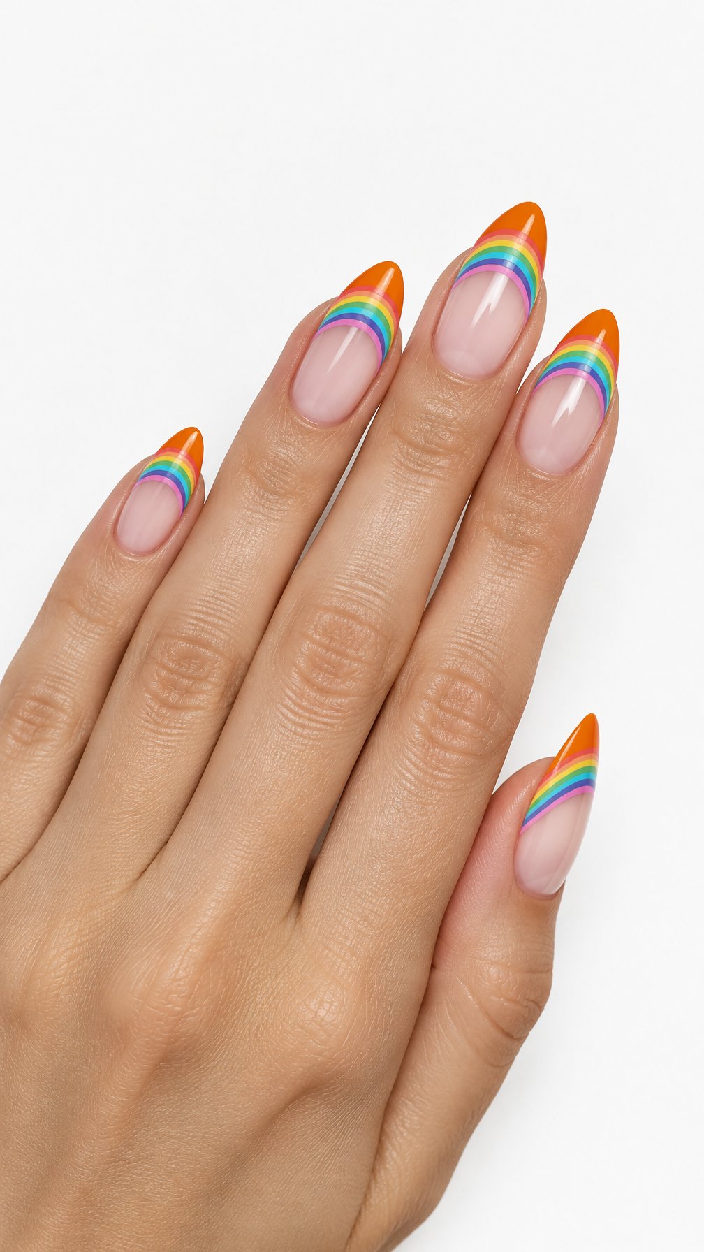 Glossy nude nails, orange French tips, and colorful rainbow arches