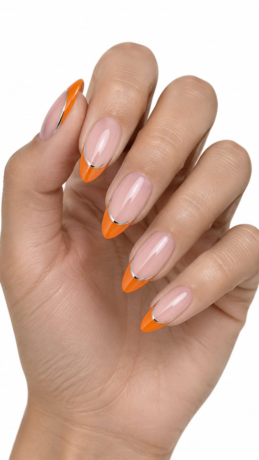 Orange French tip nails outlined in silver chrome rests