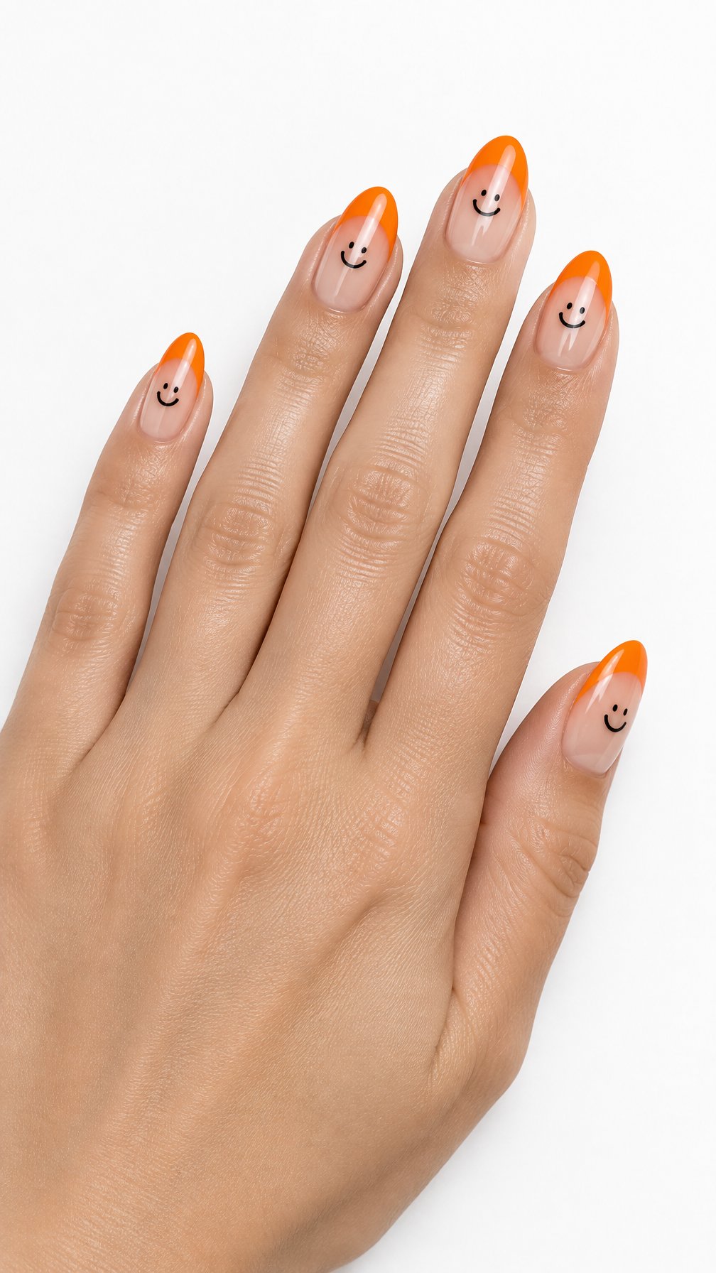 Glossy orange French tip nails and small smiley face designs rests