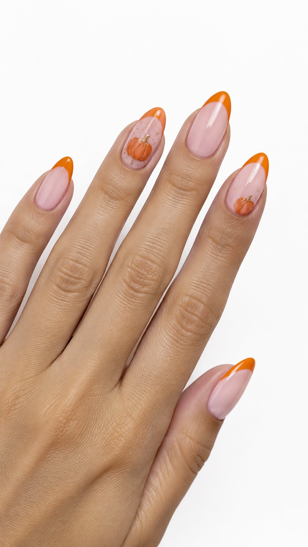 Glossy orange French tip nails and small glitter pumpkin designs