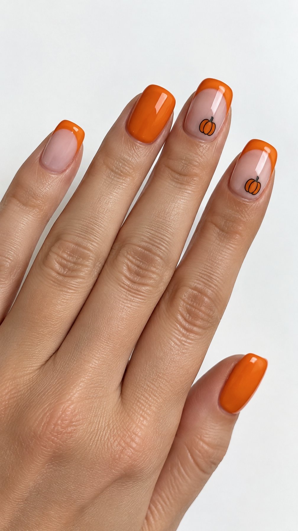 Glossy orange French tip nails and tiny pumpkin designs