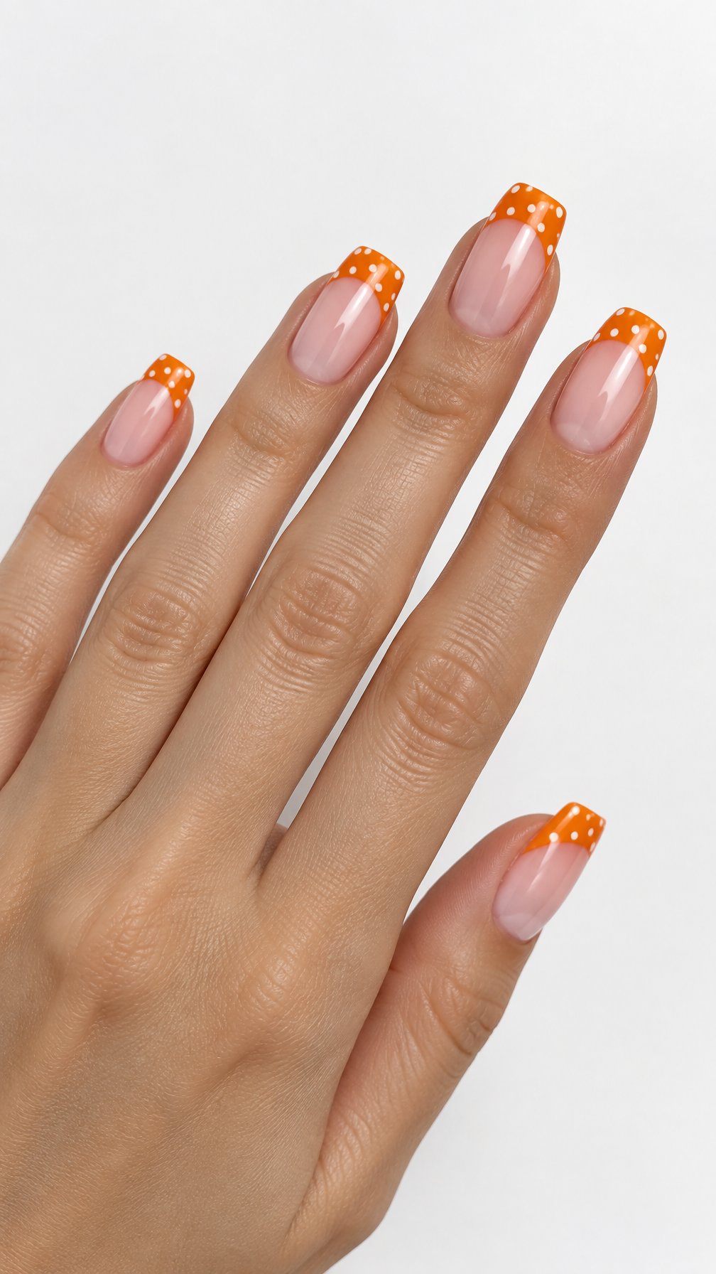 Manicured nails with orange French tips and small white polka dots