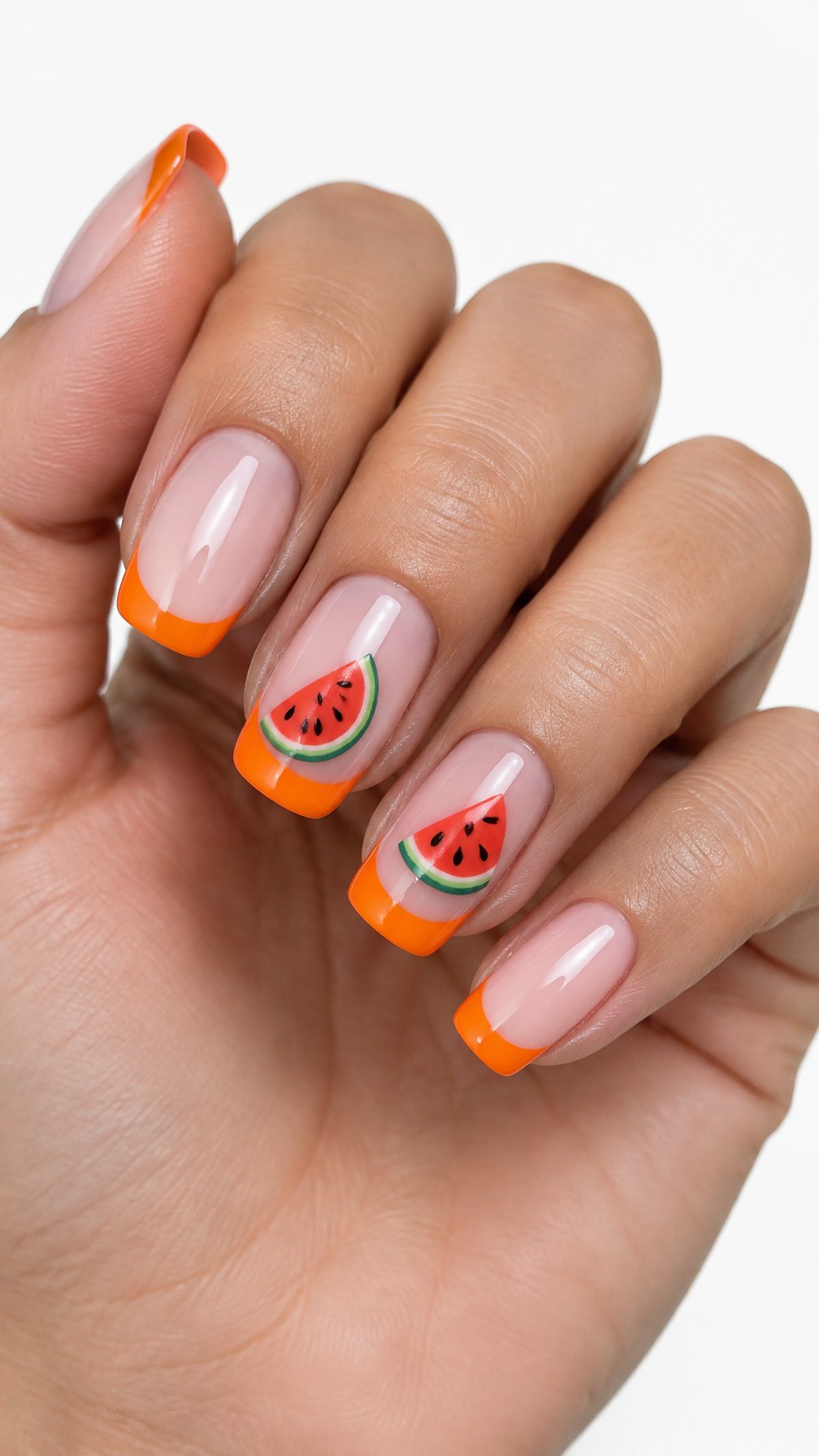 Glossy orange French-tip nails and small watermelon designs