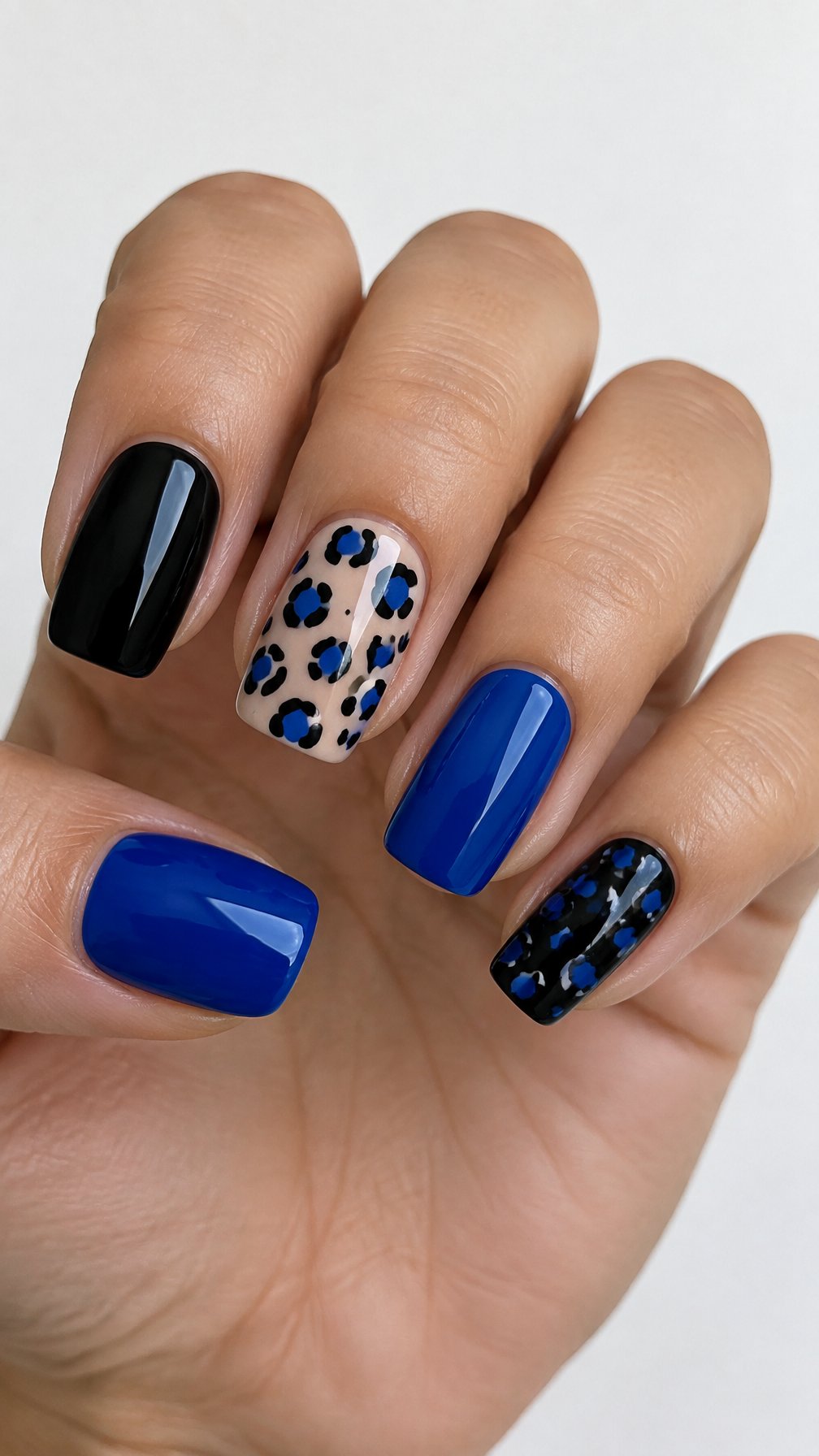 Glossy black and blue leopard-print gel nails