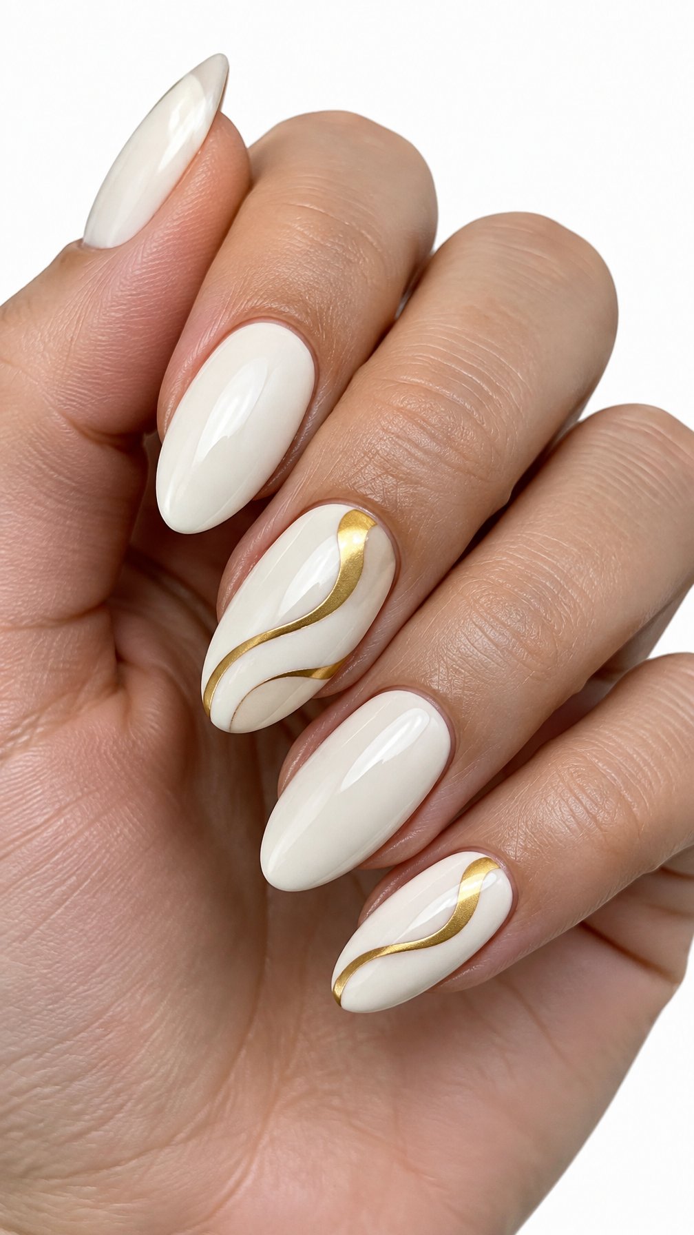 Creamy white gel nails decorated with simple gold swirls