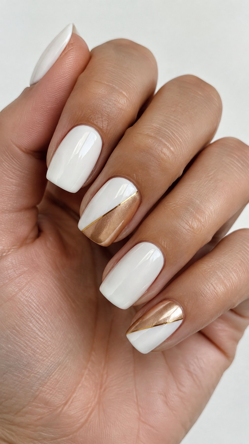 Glossy white and gold geometric manicure designs