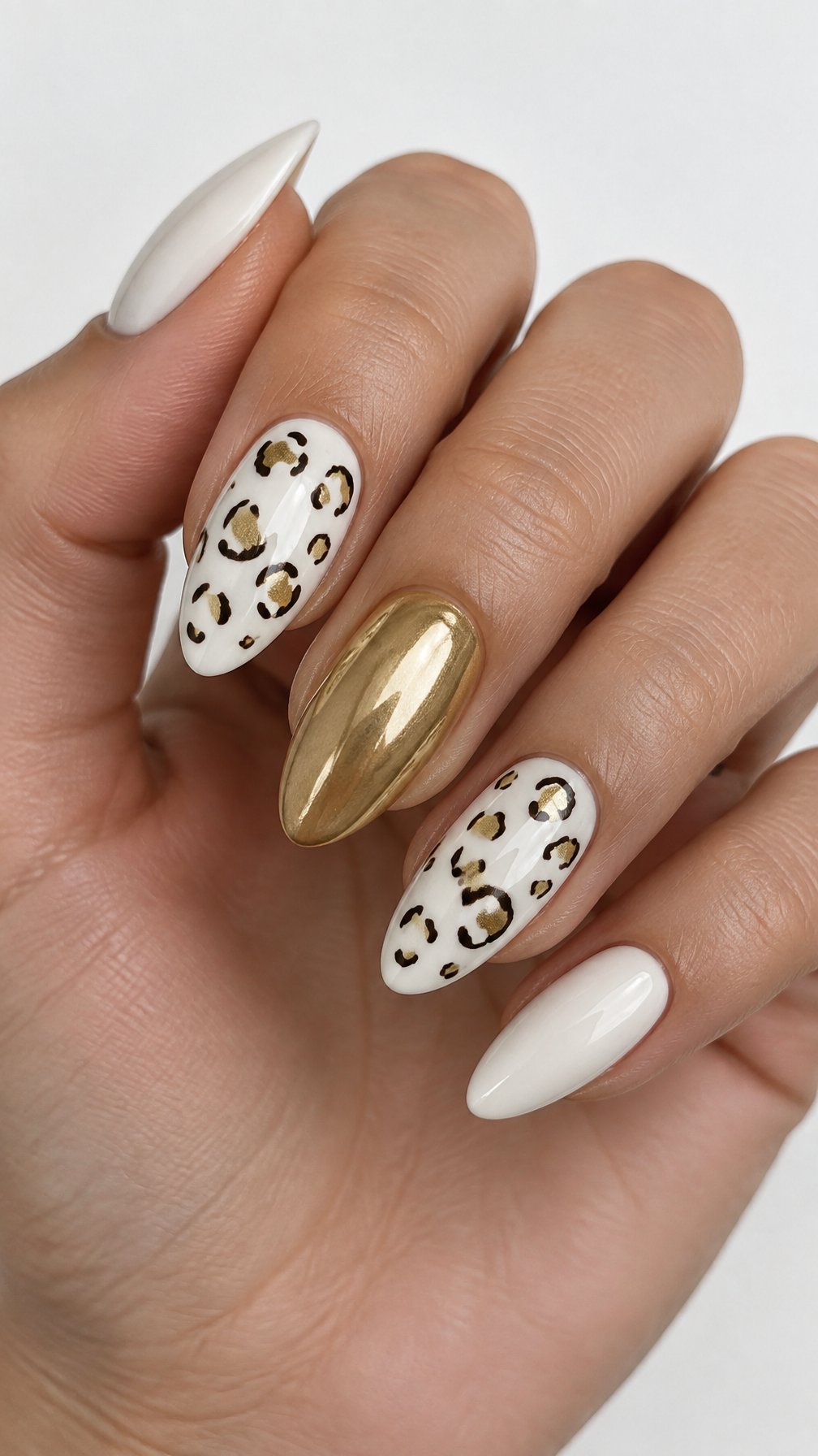 White and gold leopard-print manicure nails