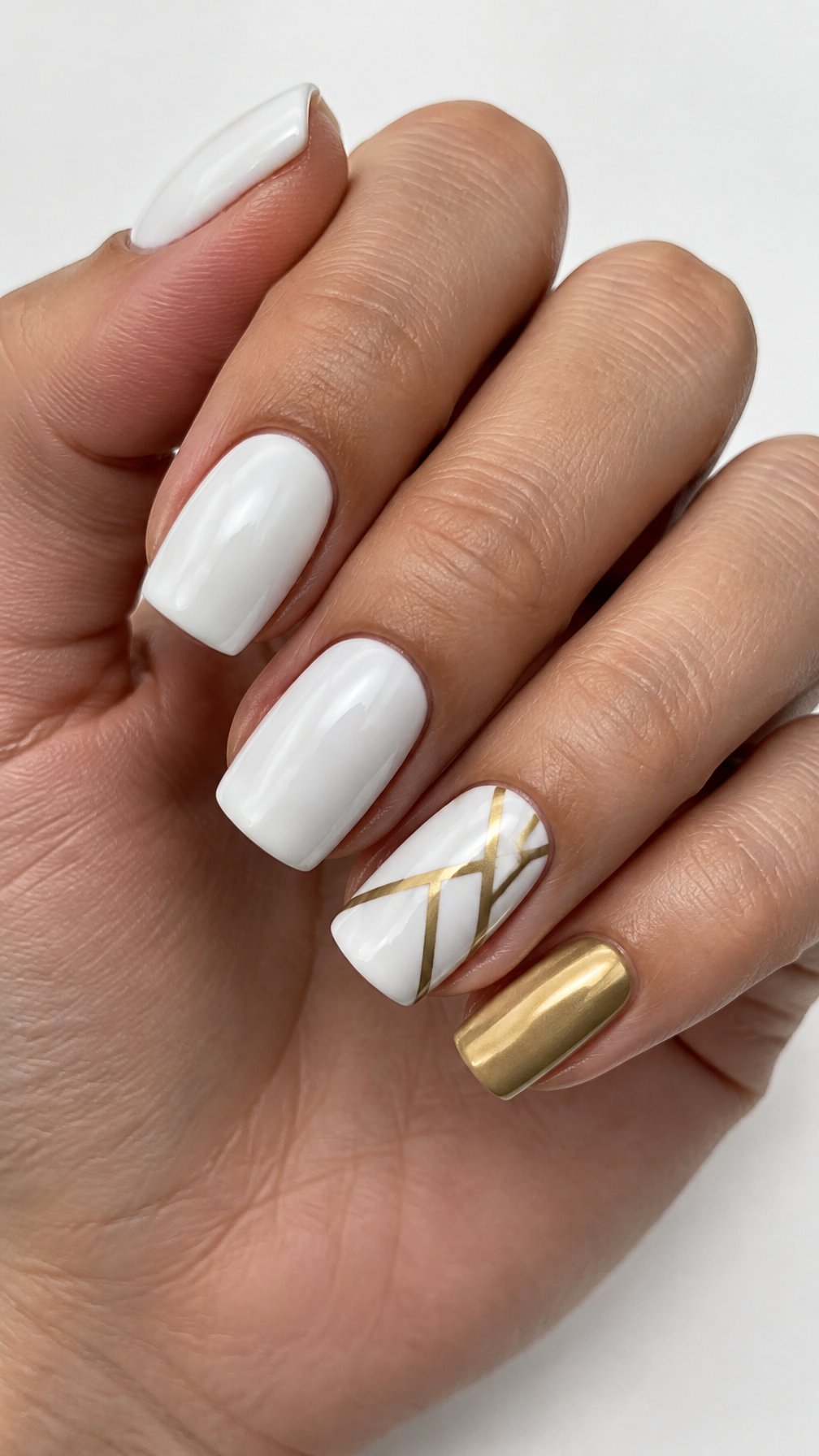 Glossy white and gold geometric gel-painted nails