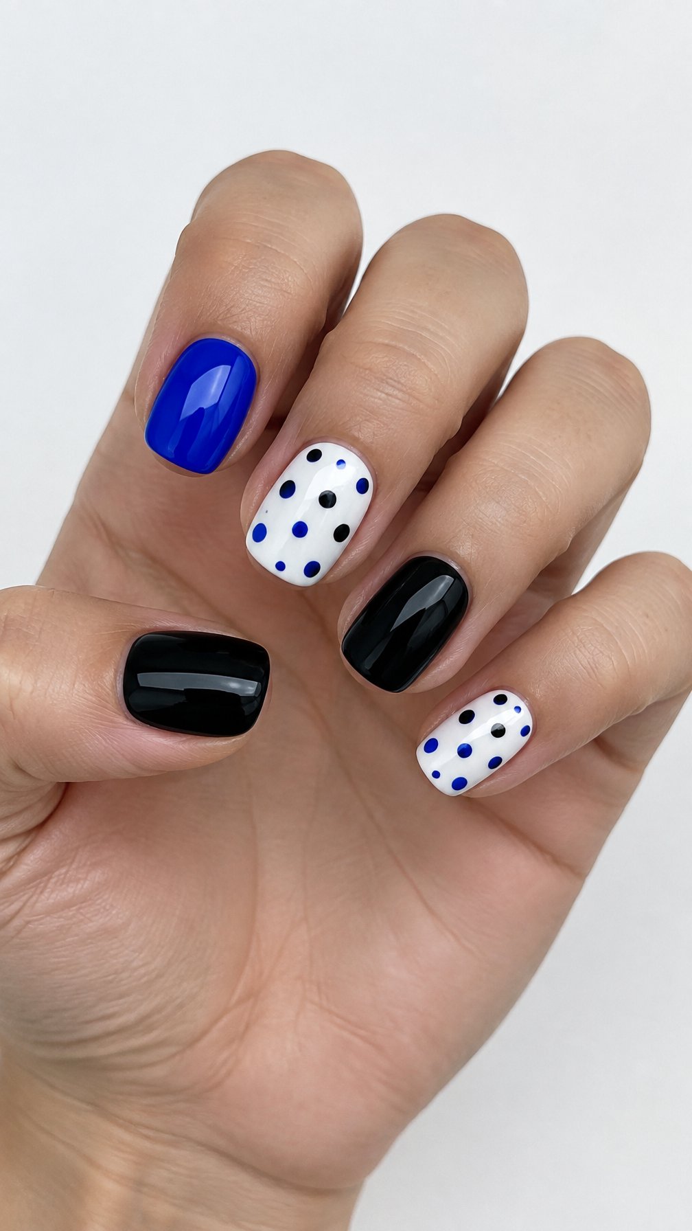 Glossy black, blue, and white polka dot nails