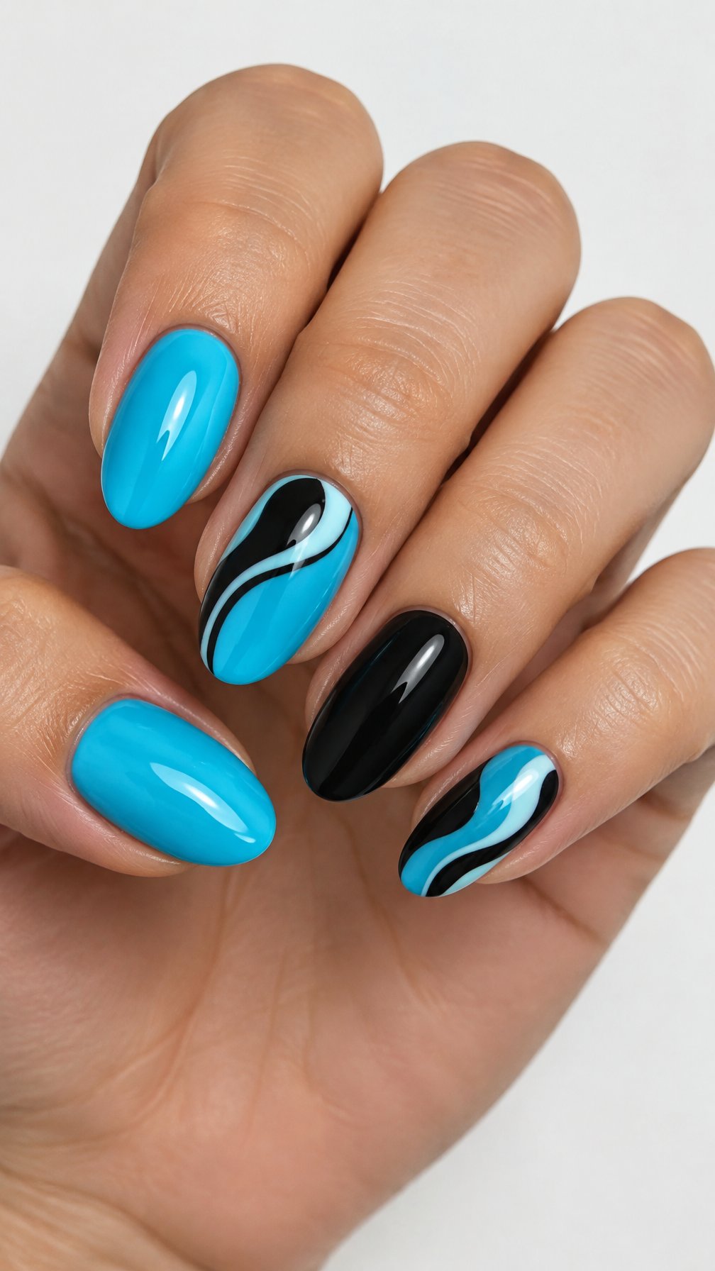 Glossy aqua blue and black swirl nail art