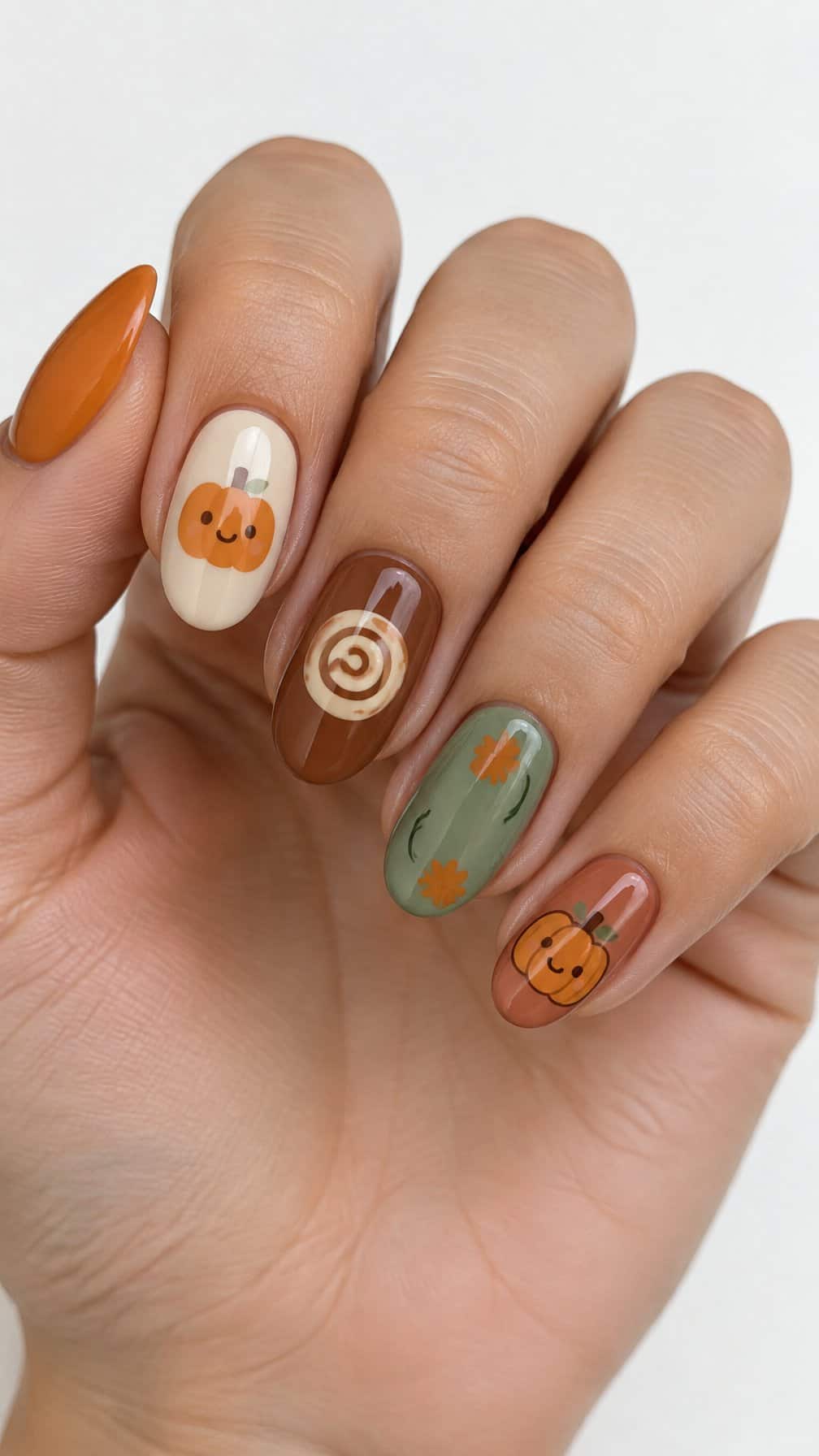 Glossy autumn-themed pumpkin and cinnamon roll nail art