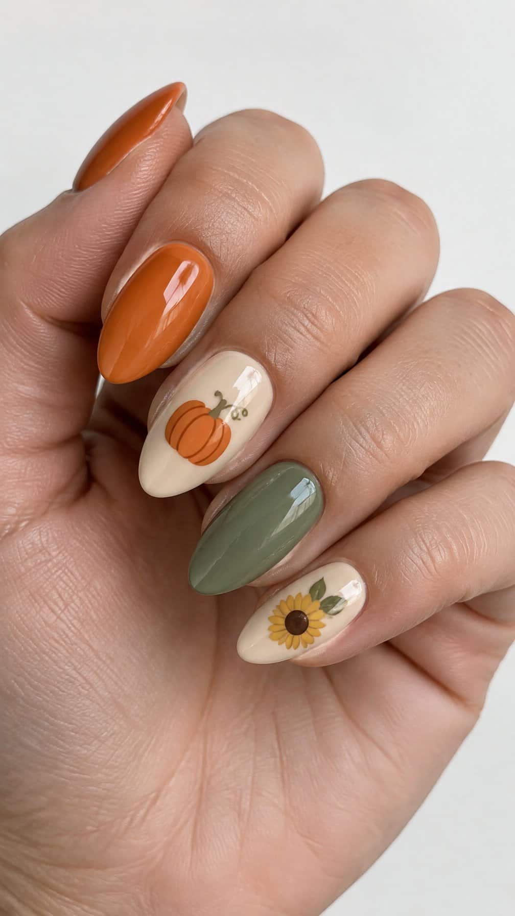Glossy pumpkin, sunflower, and solid autumn-colored manicure