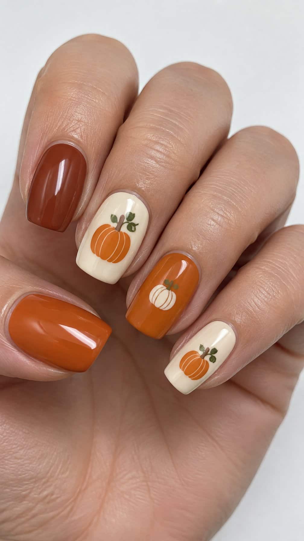 Glossy pumpkin-themed orange and ivory manicure