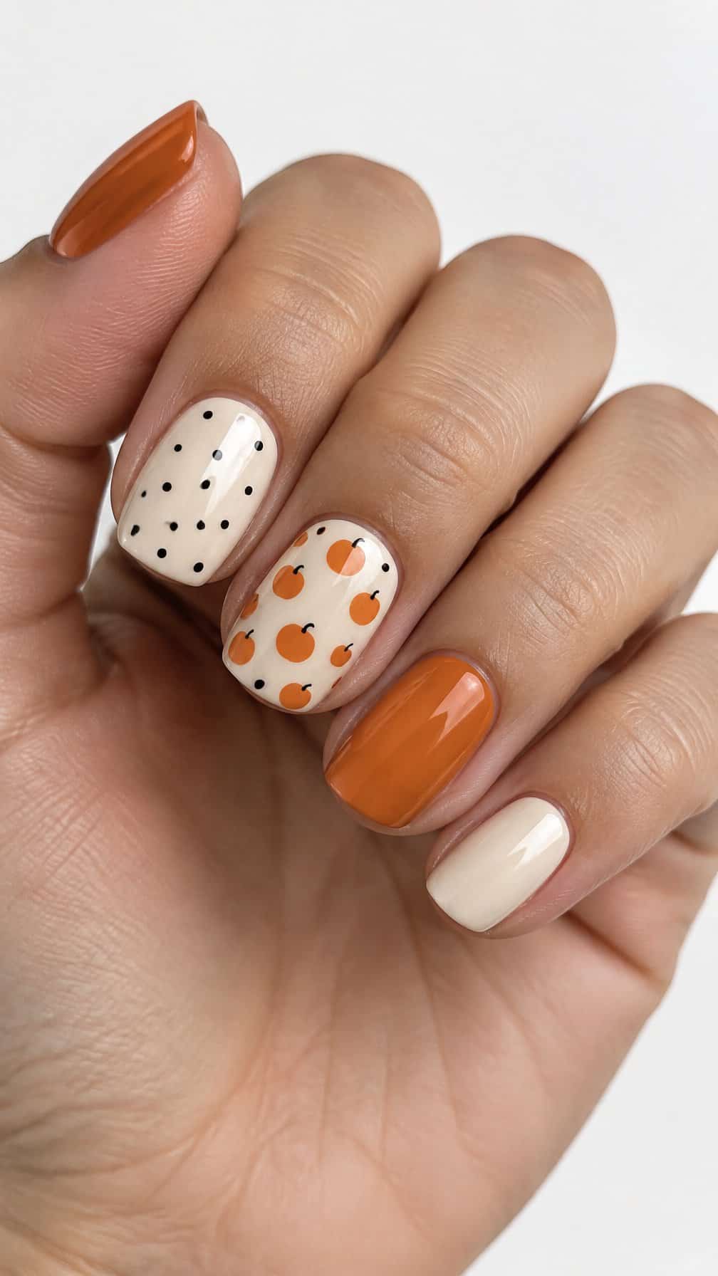 Glossy orange, cream, and black pumpkin polka dot nail art
