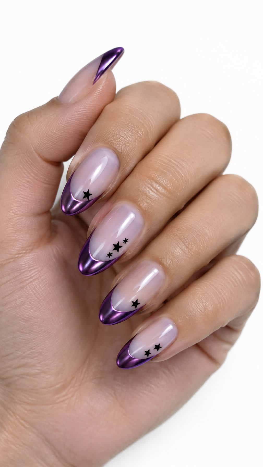 Purple chrome French-tip nails and small black star designs
