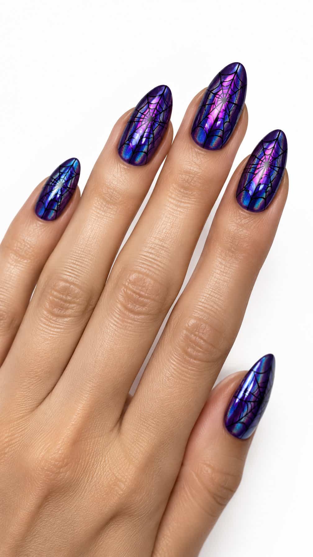 Glossy purple holographic nails decorated with delicate black spiderweb designs