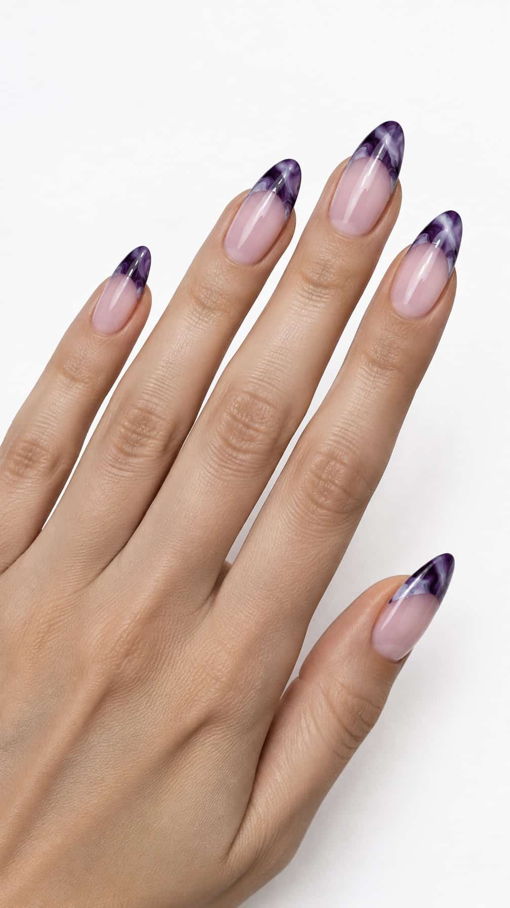 Glossy almond-shaped nails featuring swirling purple French tips