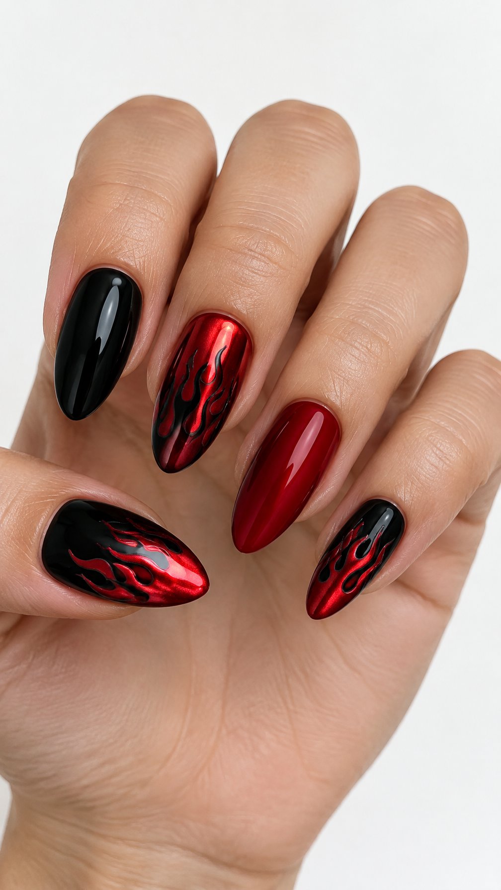 Glossy black and red flame-patterned manicure