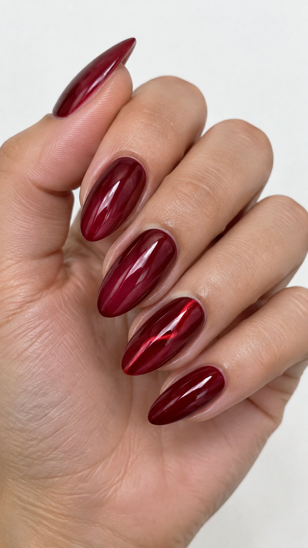 Glossy cranberry-red almond-shaped manicured nails
