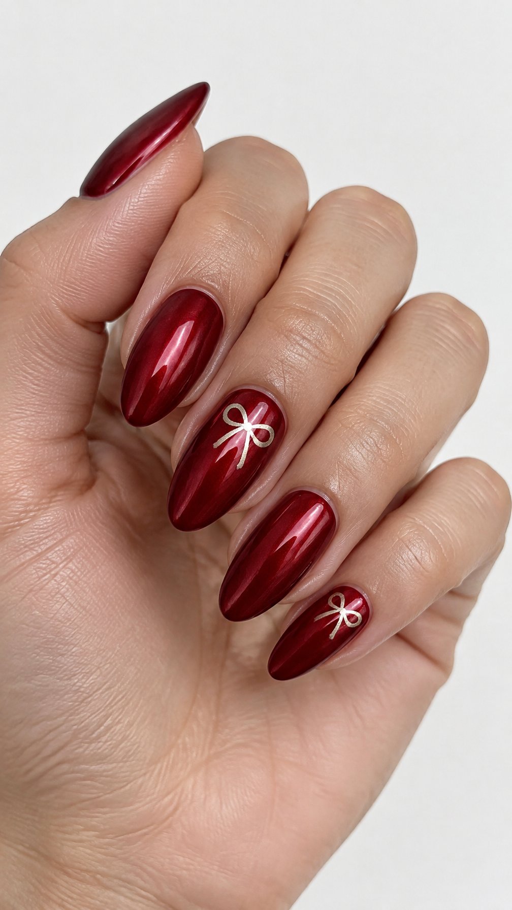Almond-shaped deep red glossy nails and small bow designs on two accent nails
