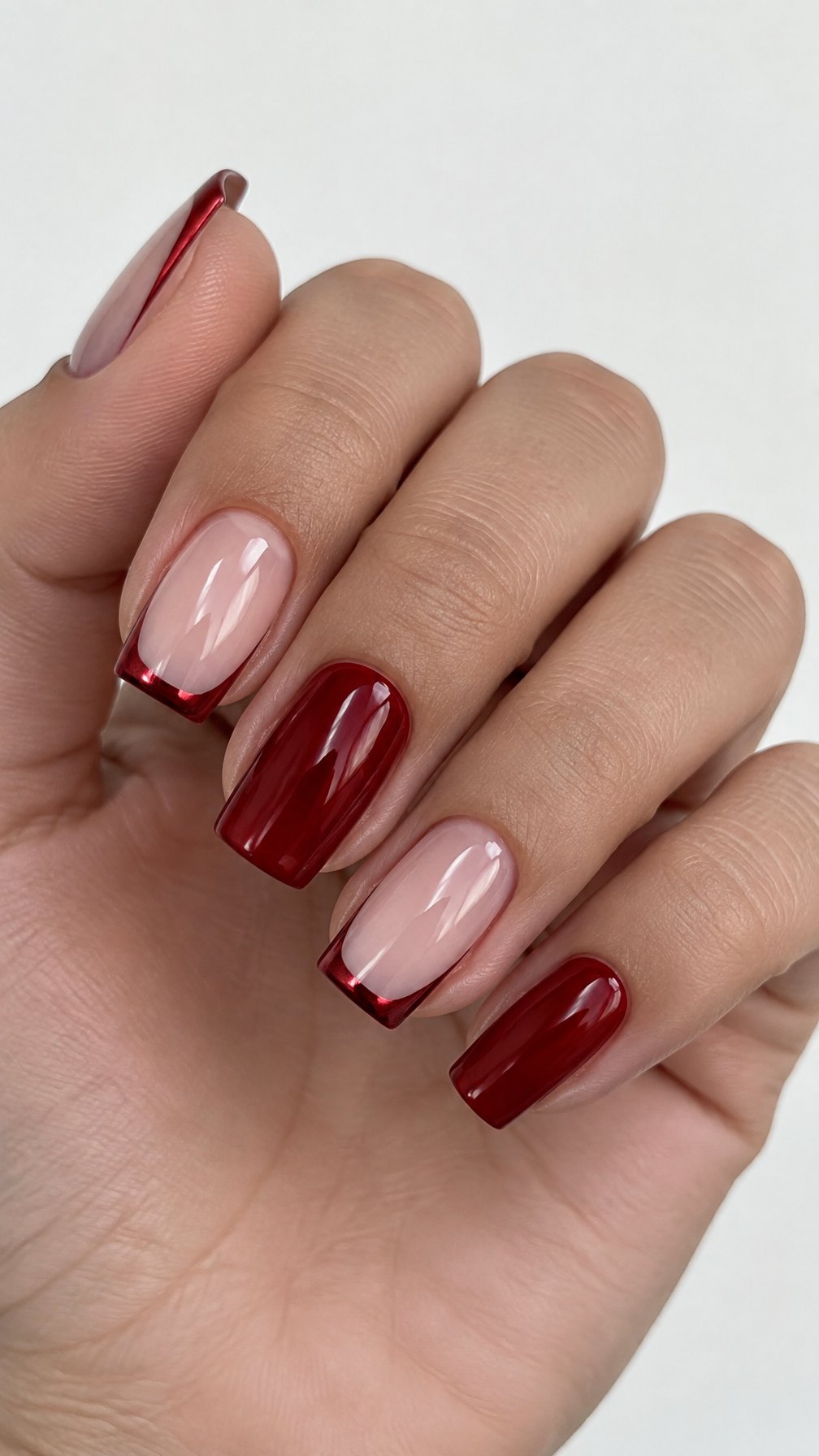 Glossy red and natural French-tip manicure on square nails