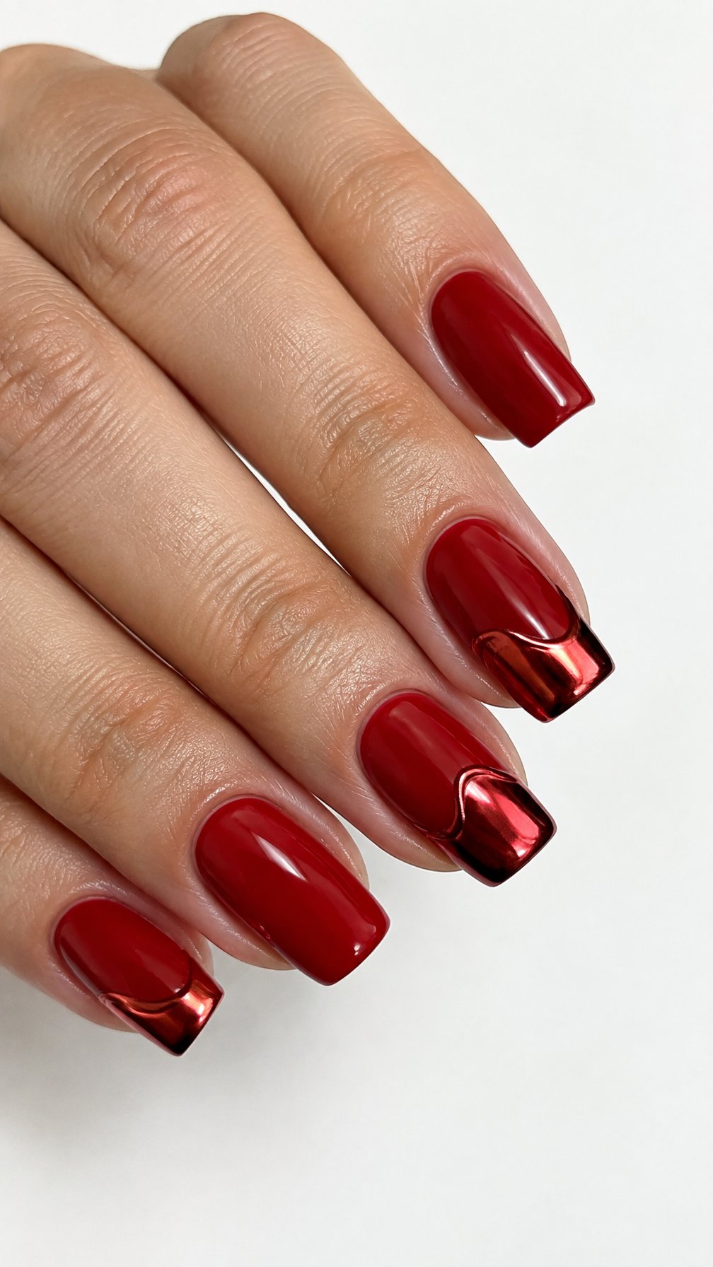 Glossy red square-shaped manicure featuring chrome French-tip designs