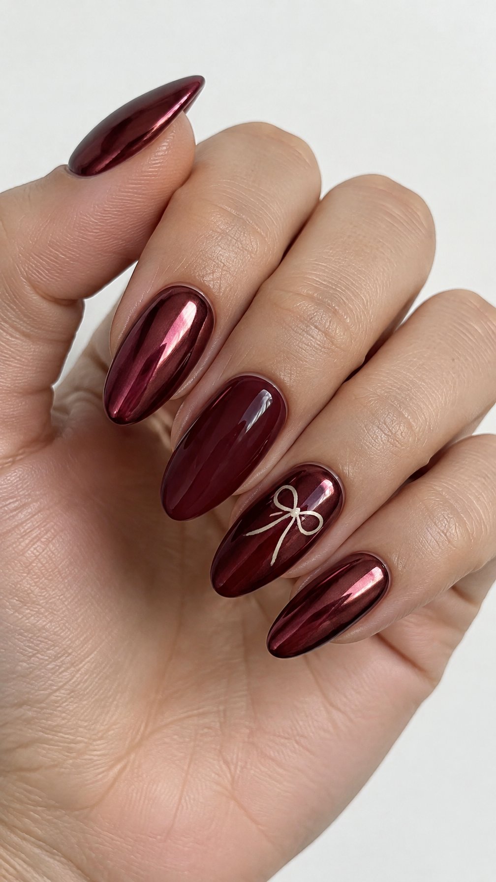 Glossy burgundy chrome nails and small bow designs on a few accent nails