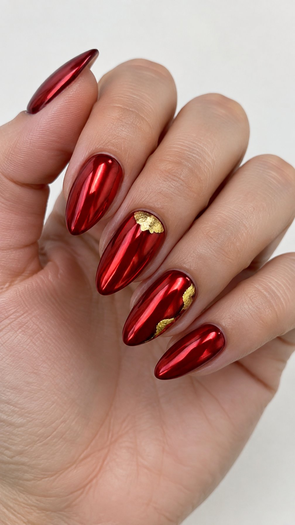 Glossy red nails with small gold accents