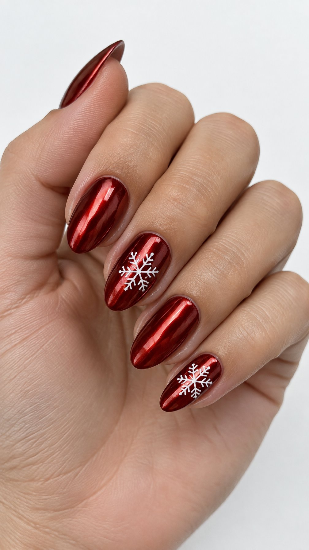 Glossy ruby-red chrome nails, including white snowflake designs on several nails