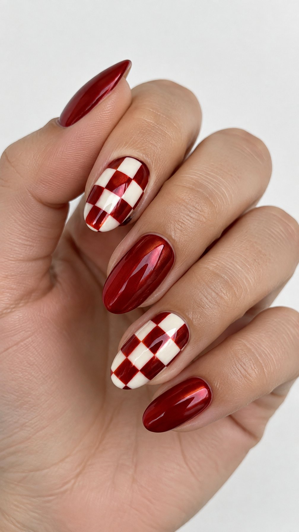 Glossy red chrome nails and red-and-white checkerboard accent nails