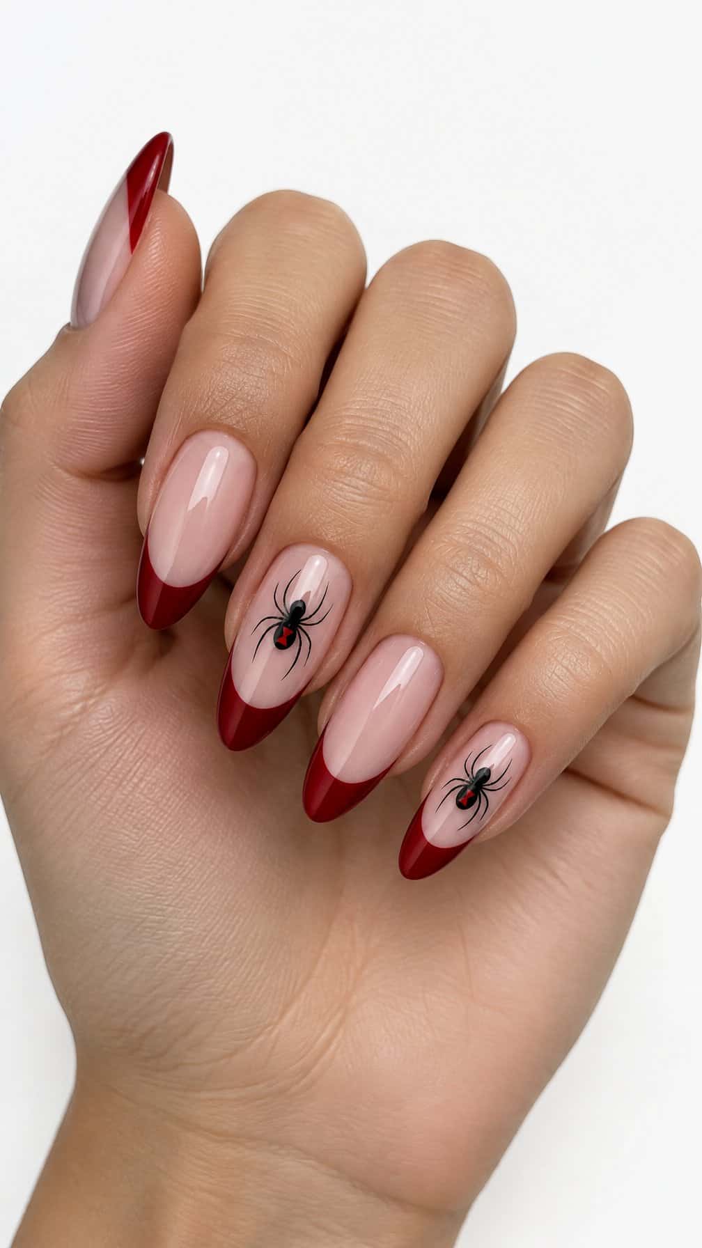 Glossy red French-tip nails with small black widow spider designs