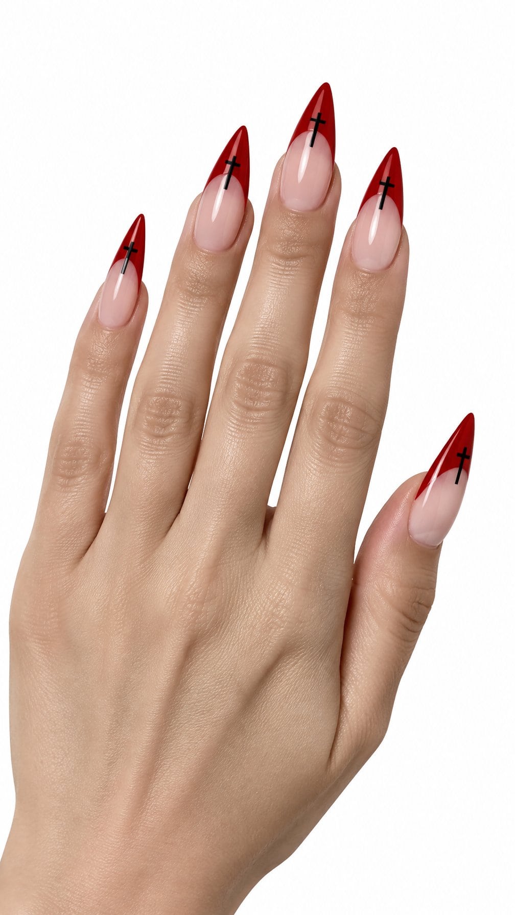 Long red stiletto nails featuring black cross designs