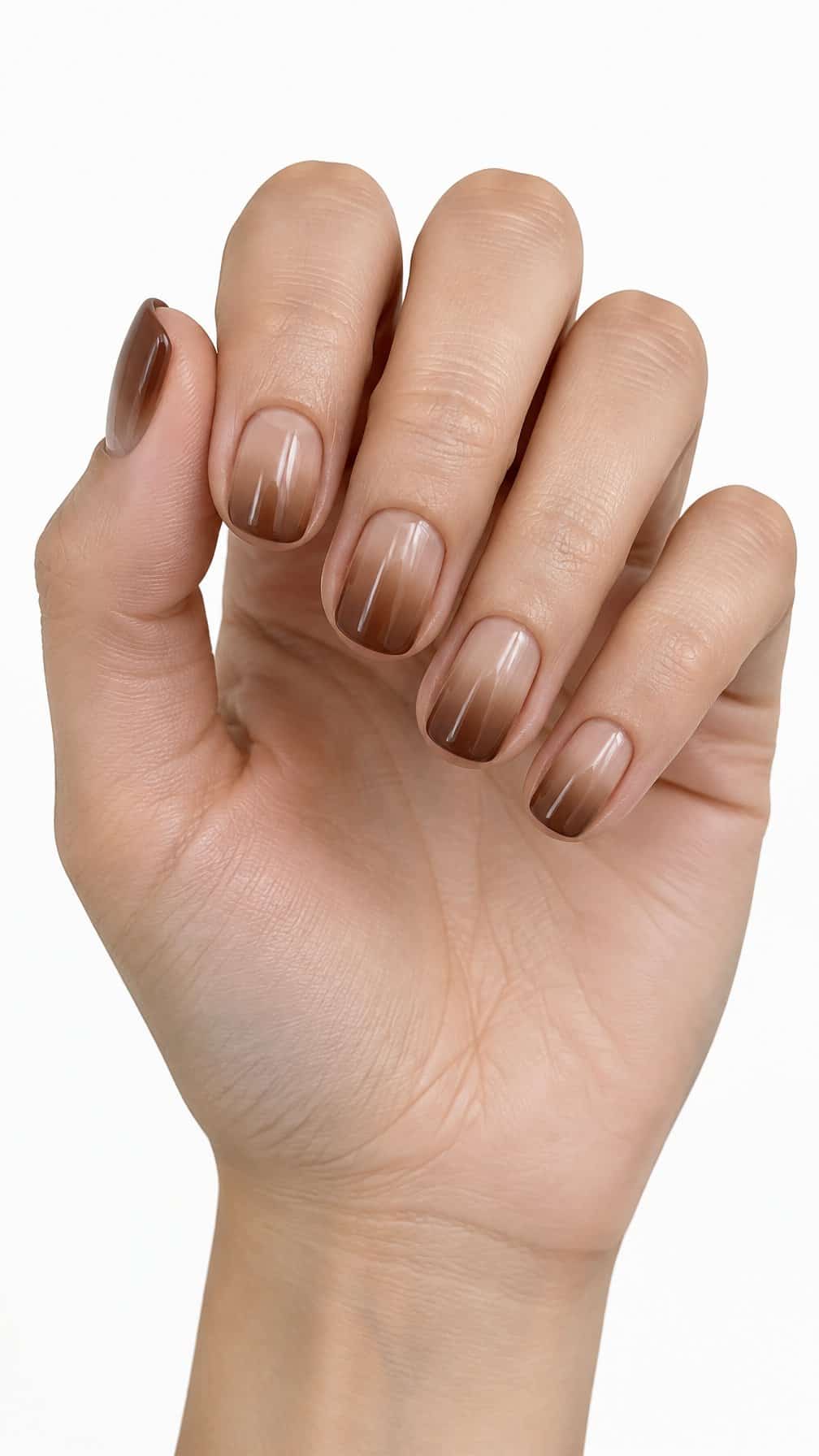 Short nails painted in a sandy beige to cocoa brown gradient